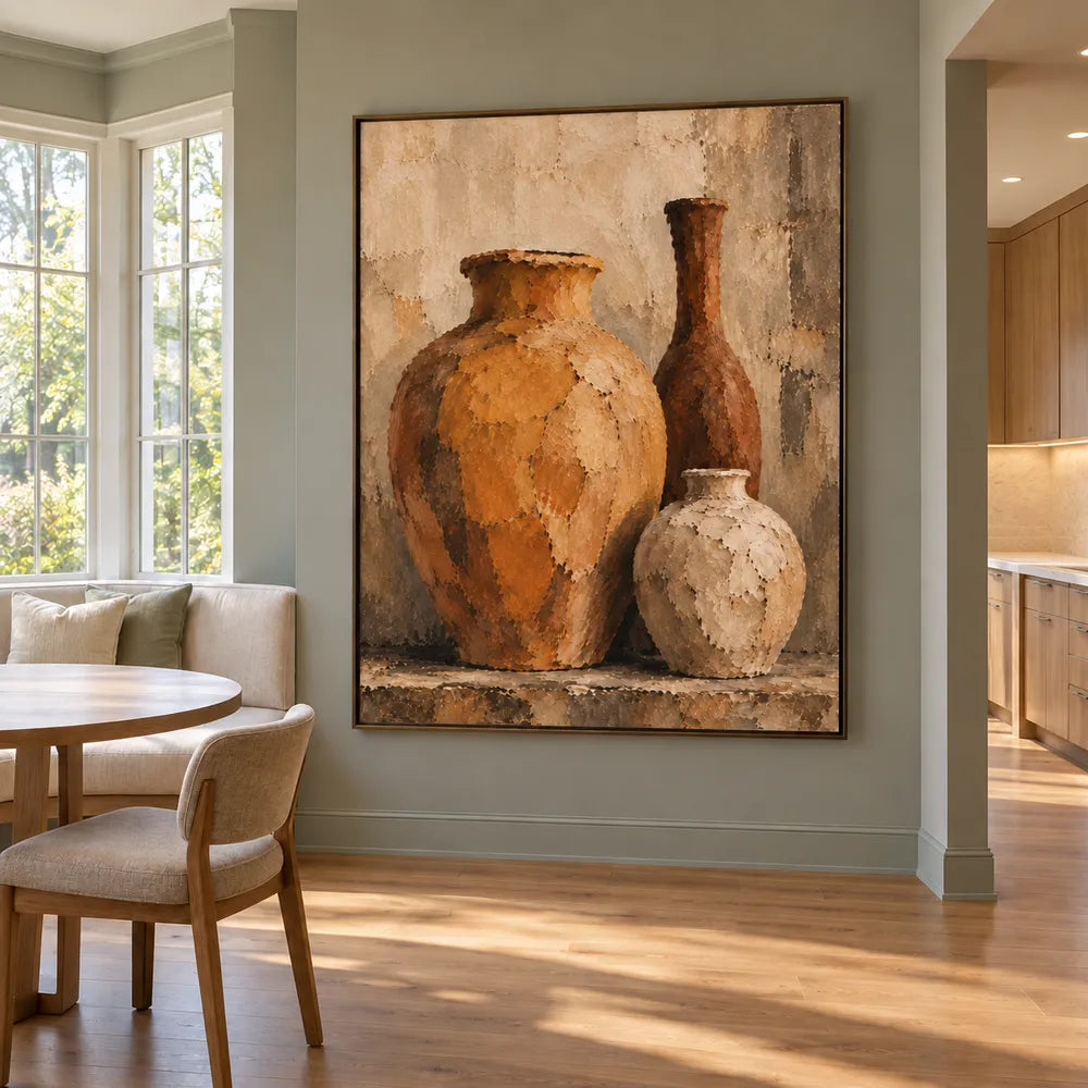 Ochre & Cream Hand-Painted Oil Painting, Three-Vessel Still Life Wall Art #198HZFBY