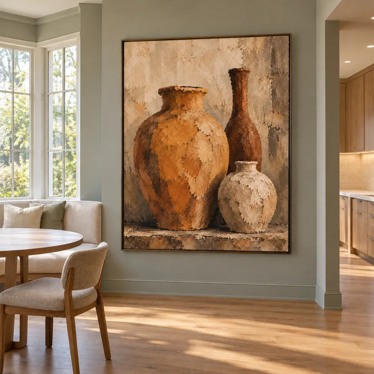 Ochre & Cream Hand-Painted Oil Painting, Three-Vessel Still Life Wall Art #198HZFBY