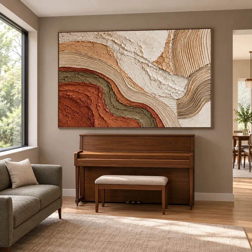 Cream & Terracotta Hand-Painted 3D Textured Oil Painting, Flowing Abstract Curves #3SOTHGWA