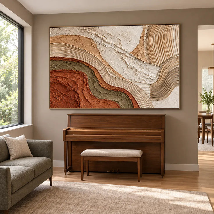 Cream & Terracotta Hand-Painted 3D Textured Oil Painting, Flowing Abstract Curves #3SOTHGWA