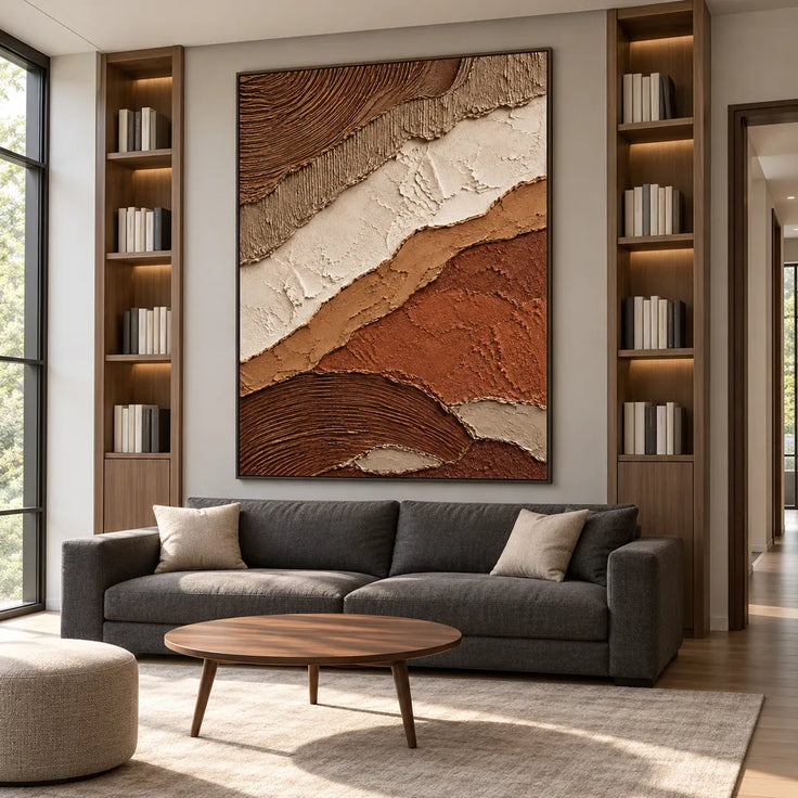 Brown & Ivory Hand-Painted 3D Textured Oil Painting, Diagonal Earth-Tone Abstract Wall Art #S6B3TVFK