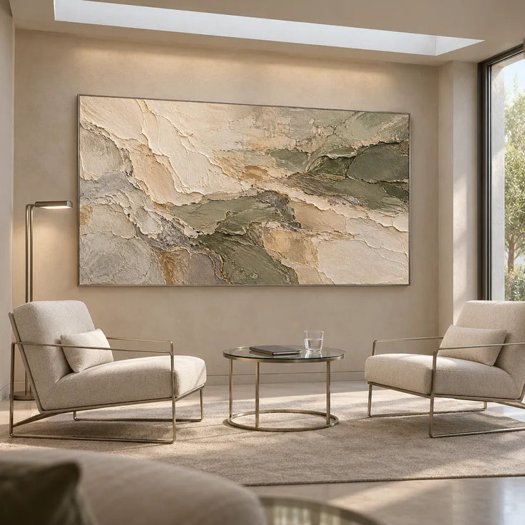 Cream and Olive Hand-Painted 3D Textured Oil Painting, Interlocking Abstract Layers #5NBBMJRS