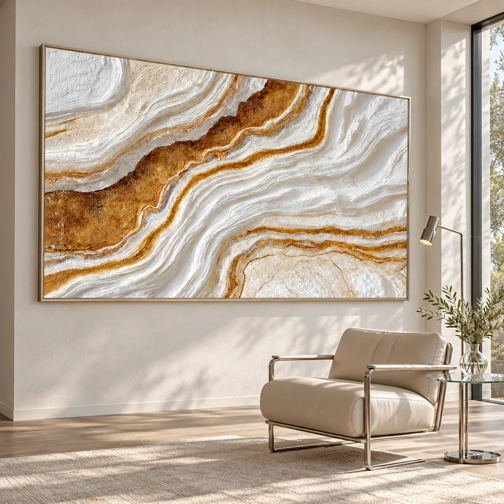 White Gold Hand-Painted 3D Textured Oil Painting, Flowing Veins Wall Art #1VPH1ZGA
