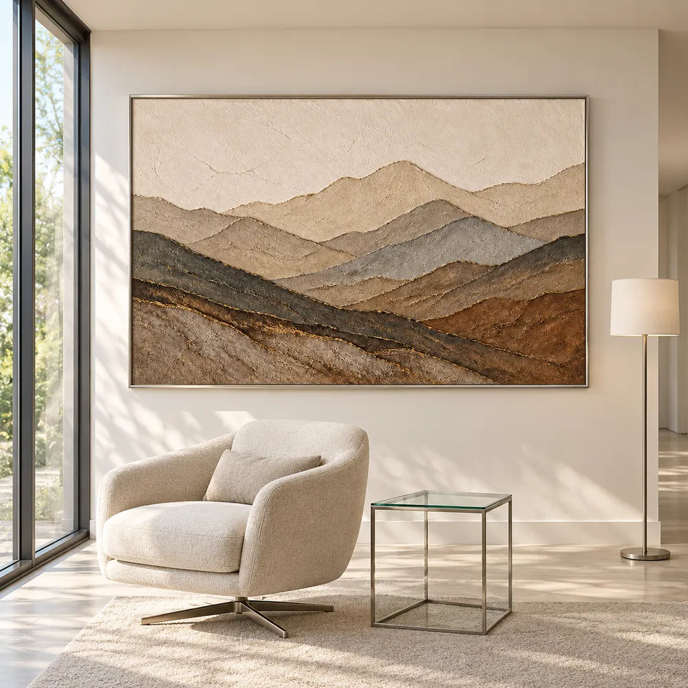 Earth Tone Hand-Painted 3D Textured Oil Painting, Mountain Layers Wall Art #I787QXE3