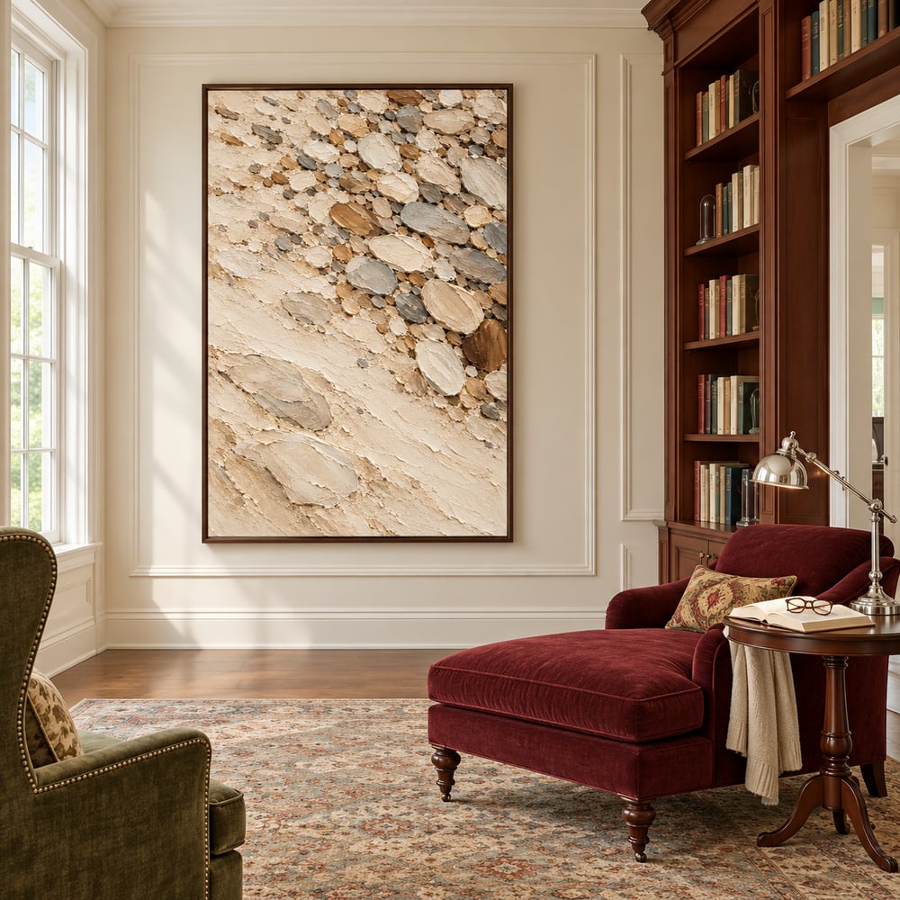 Cream Hand-Painted 3D Textured Oil Painting, Clustered Organic Ovals Abstract Wall Art #KFUV7NA0