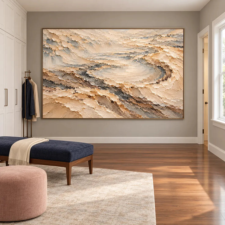 Cream and Taupe Hand-Painted 3D Textured Oil Painting, Terraced Abstract Landscape #RBCLZPS2