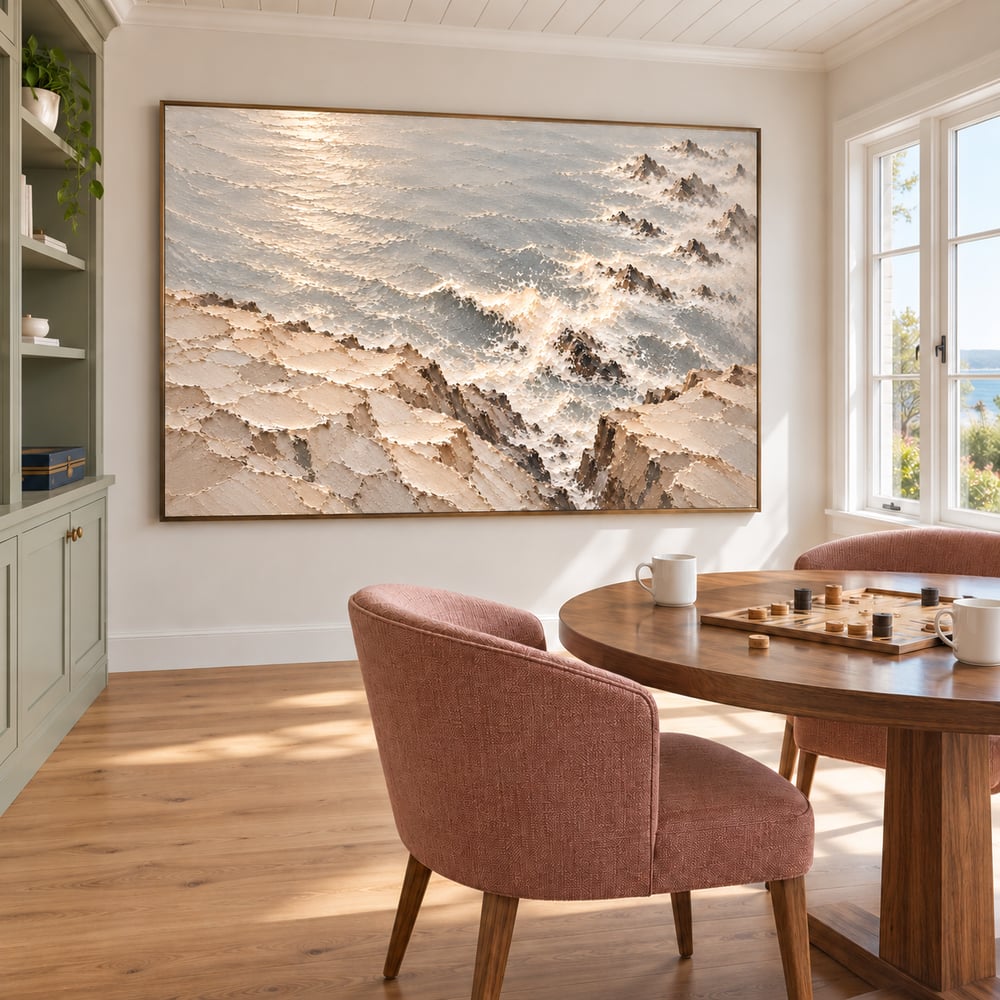 Ivory Gray Hand-Painted 3D Textured Oil Painting, Rocky Seascape Wall Art #3B8T60SA