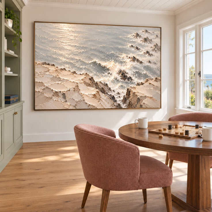 Ivory Gray Hand-Painted 3D Textured Oil Painting, Rocky Seascape Wall Art #3B8T60SA