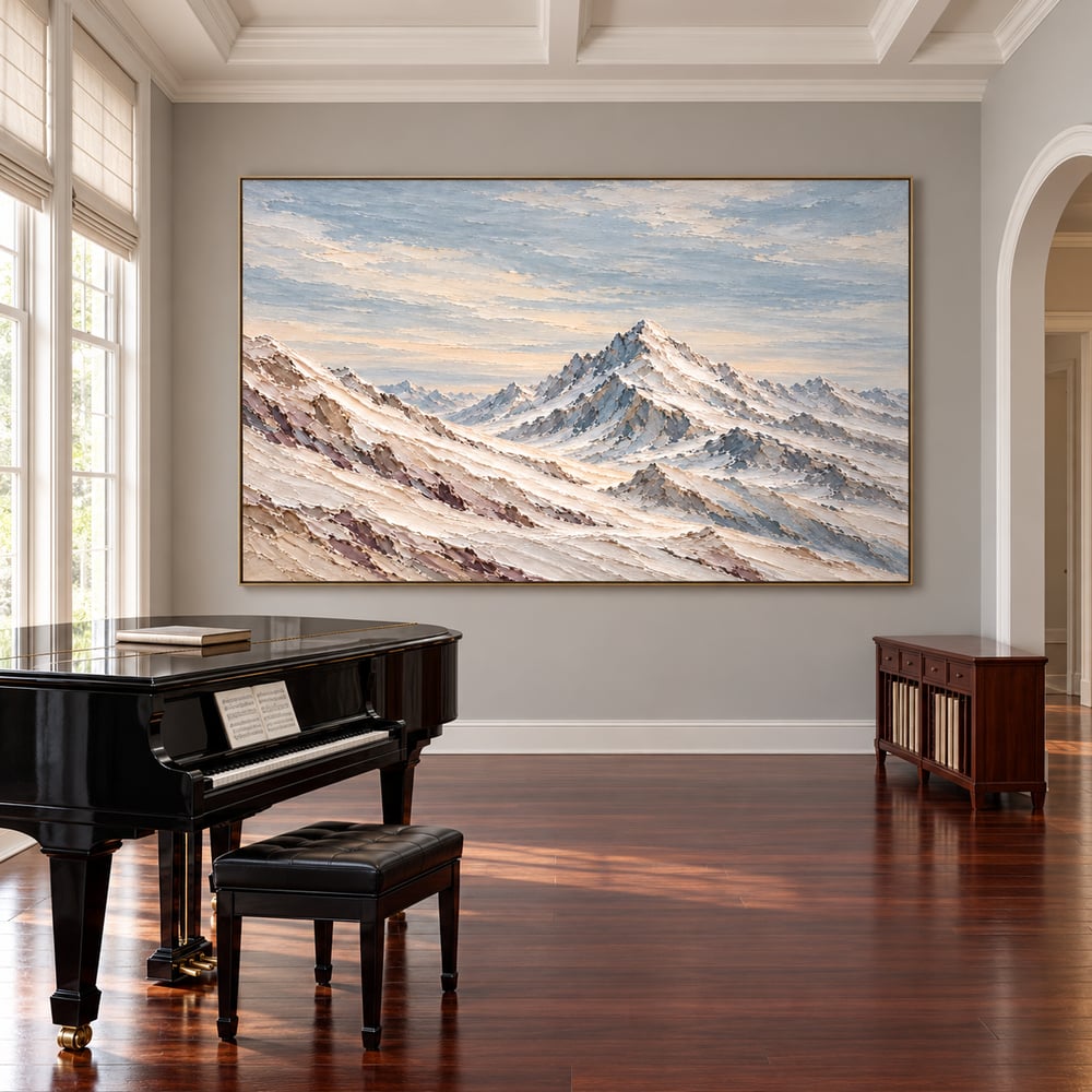 Ivory and Blue-Gray Hand-Painted 3D Textured Oil Painting, Snowy Mountain Peaks #WX7ZWCKG