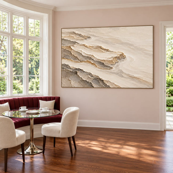 Cream and Taupe Hand-Painted 3D Textured Oil Painting, Terraced Abstract Landscape #HZKDB1K9