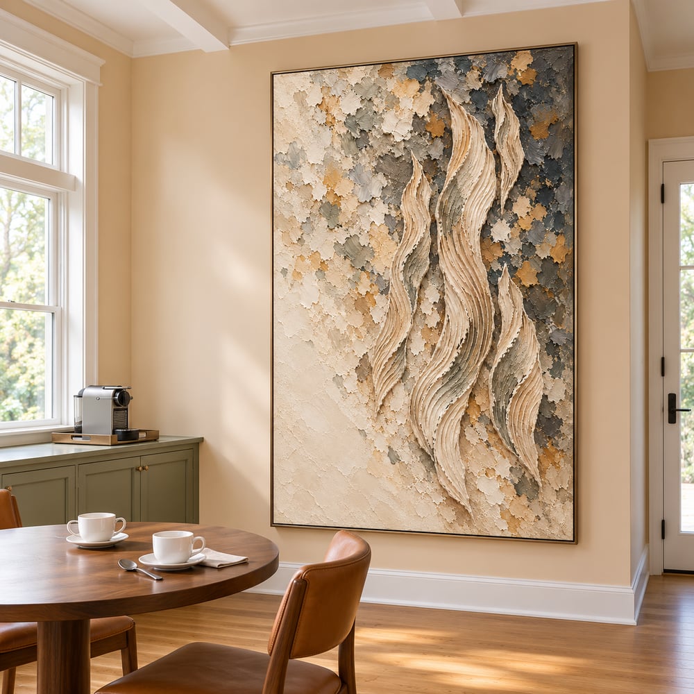Cream and Gray Hand-Painted 3D Textured Oil Painting, Rising Organic Ribbons #8A15UUOD