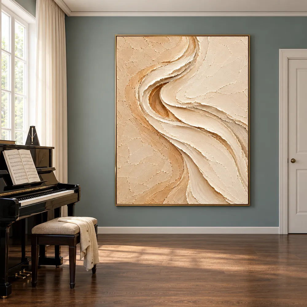 Beige & Cream Hand-Painted 3D Textured Oil Painting, Flowing S-Curve Abstract Wall Art #DD2BSLPJ