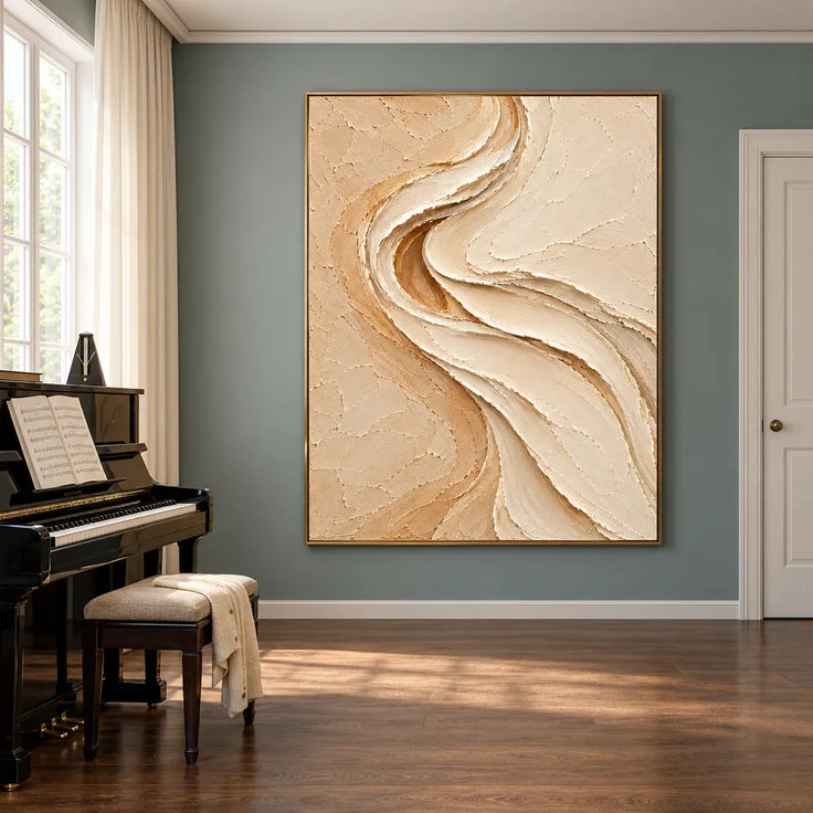 Beige & Cream Hand-Painted 3D Textured Oil Painting, Flowing S-Curve Abstract Wall Art #DD2BSLPJ