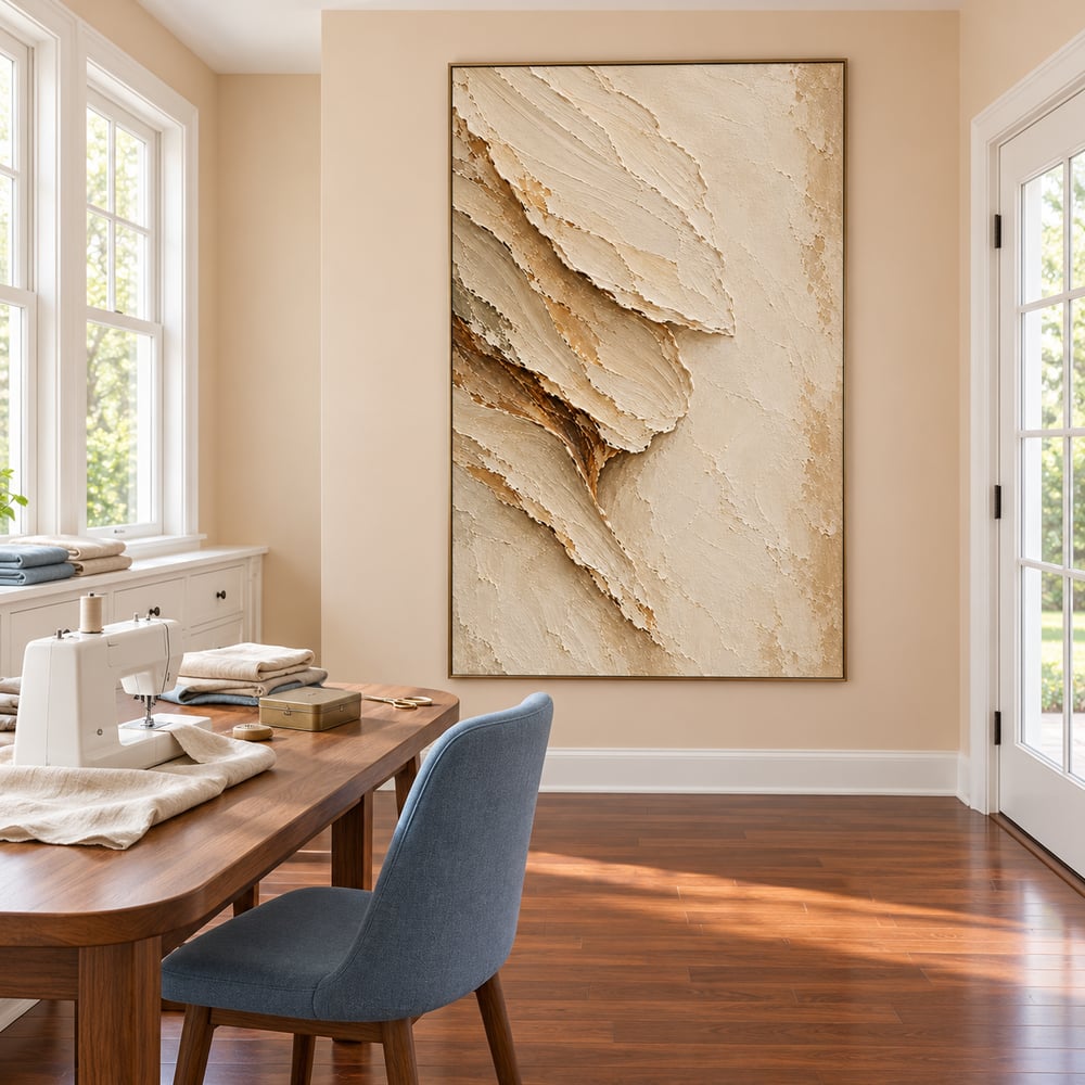 Cream Hand-Painted 3D Textured Oil Painting, Sweeping Organic Layers #0O23IRH8