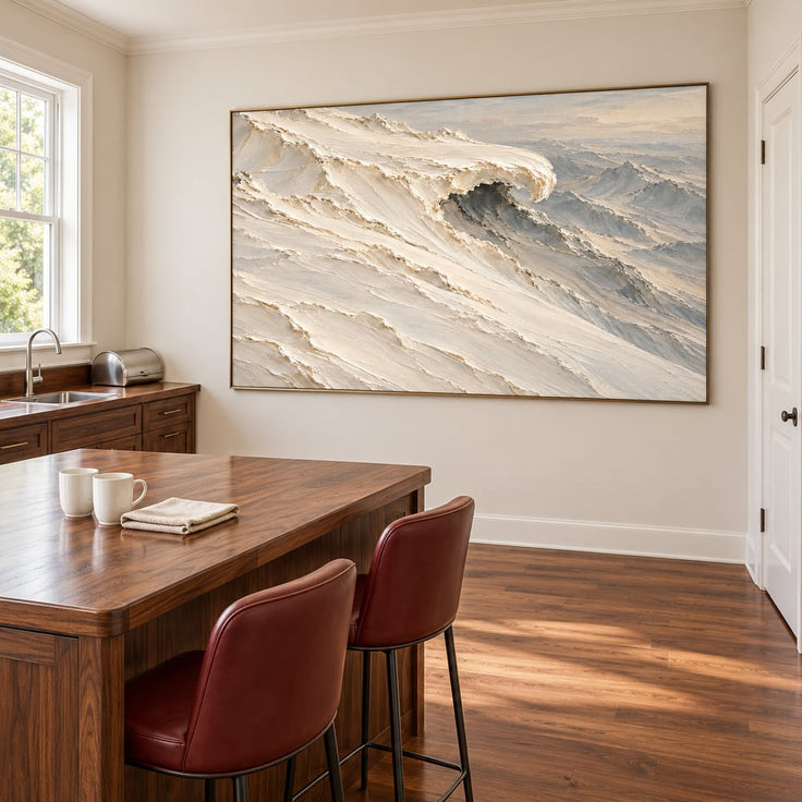 Ivory and Gray Hand-Painted 3D Textured Oil Painting, Curling Ocean Wave #1B9DGWWU