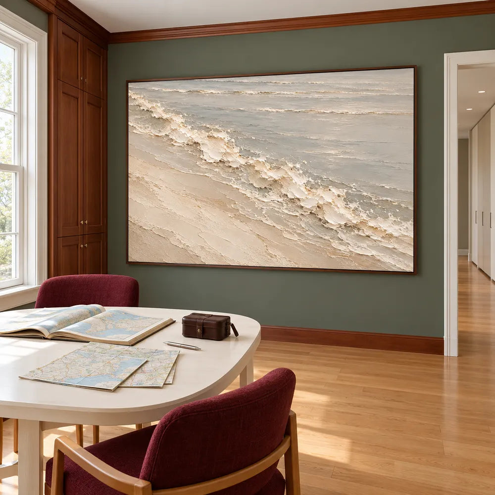 Ivory Gray Hand-Painted Oil Painting, Diagonal Shoreline Wave on a Pale Beach #A63VT0KF