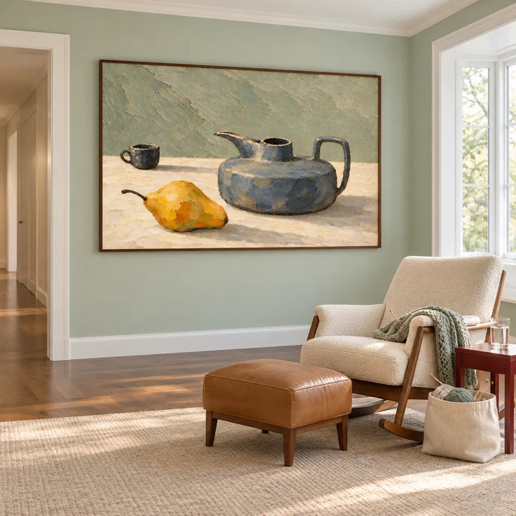 Sage Blue Hand-Painted Oil Painting, Low Jug, Golden Pear and Small Cup Still Life #O7T5XMCM