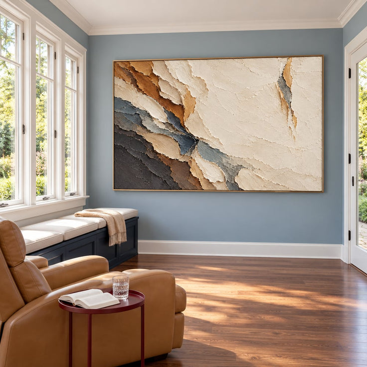 Cream and Charcoal Hand-Painted 3D Textured Oil Painting, Layered Abstract Planes #PZV3FE5N
