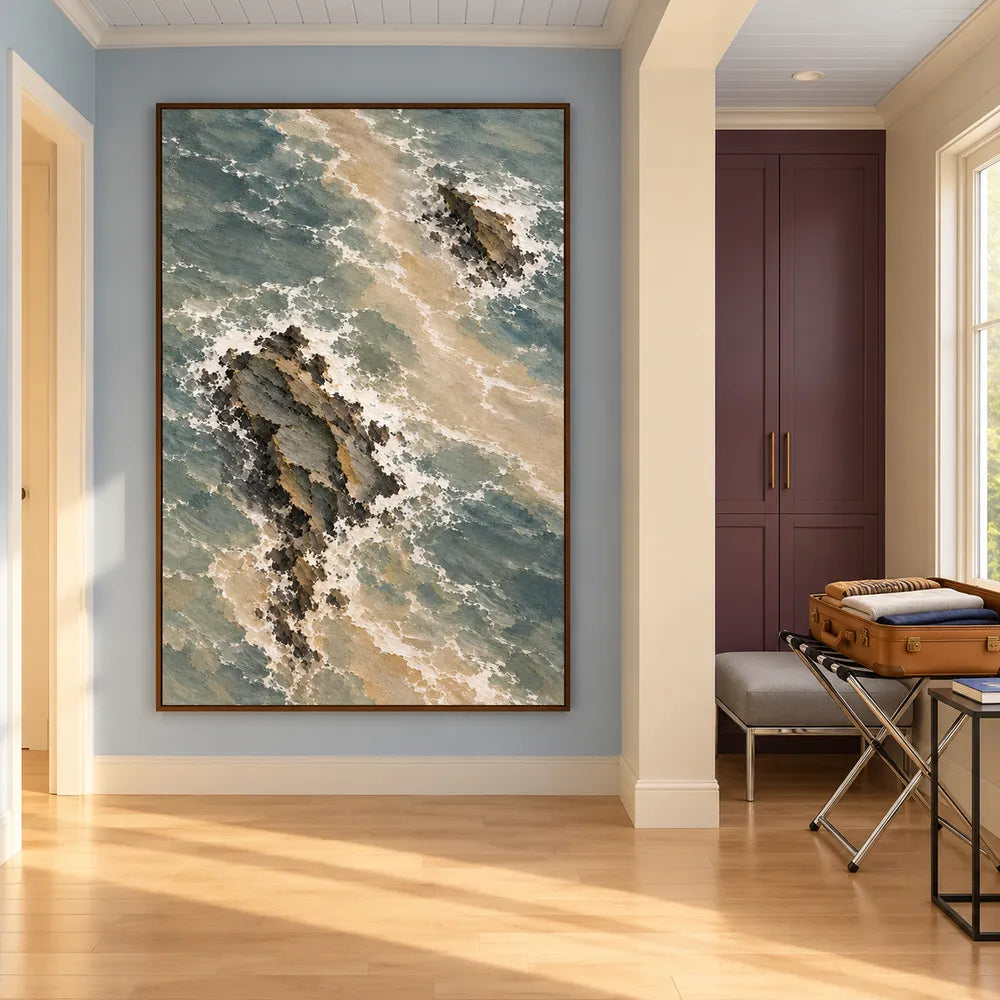 Gray Green Hand-Painted Oil Painting, Overhead View of Rocks and Surf #W3LVFOJR