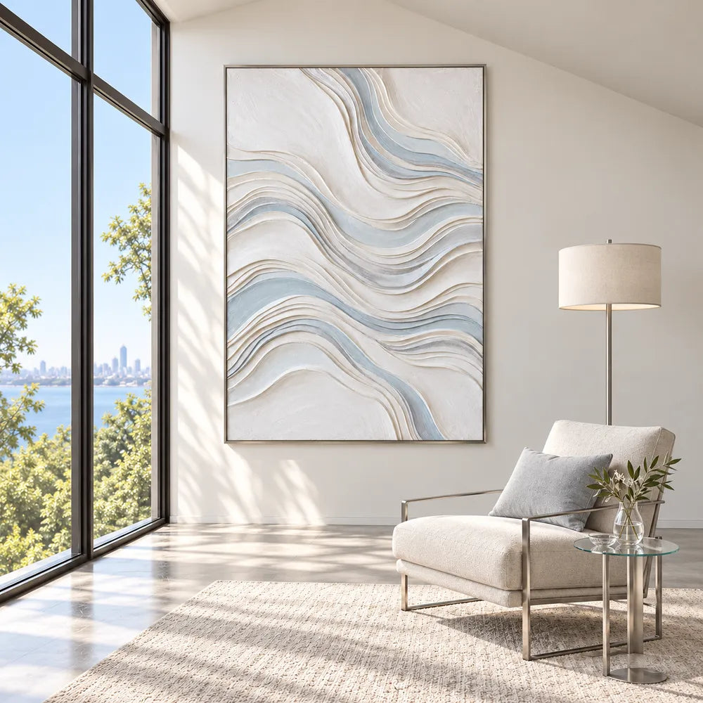 White Hand-Painted 3D Textured Oil Painting, Flowing Waves Wall Art #W2VPSFII