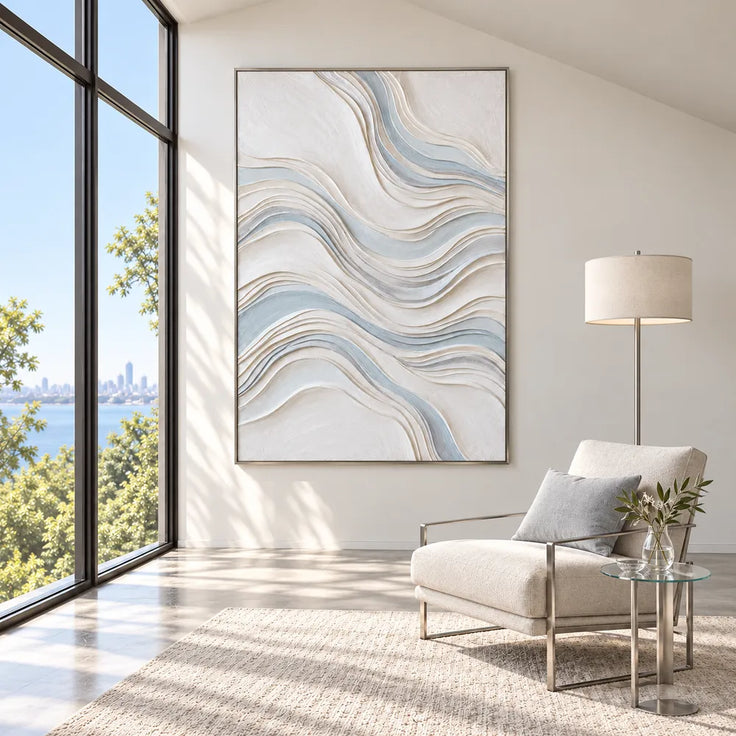 White Hand-Painted 3D Textured Oil Painting, Flowing Waves Wall Art #W2VPSFII
