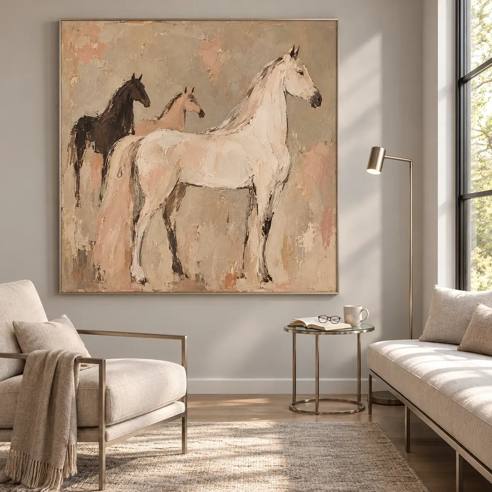 Beige & Cream Hand-Painted Oil Painting, Three Horses in a Modern Equestrian Composition #HIPLCPC8