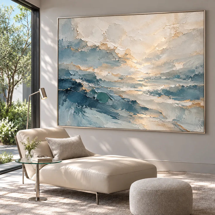 Blue Gray & Ivory Hand-Painted Oil Painting, Abstract Layered Landscape #XI8BIQFA