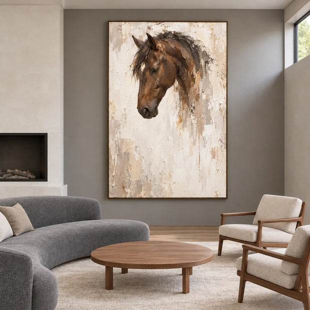 Cream & Brown Hand-Painted Oil Painting, Contemporary Horse Portrait #FOQD7D36