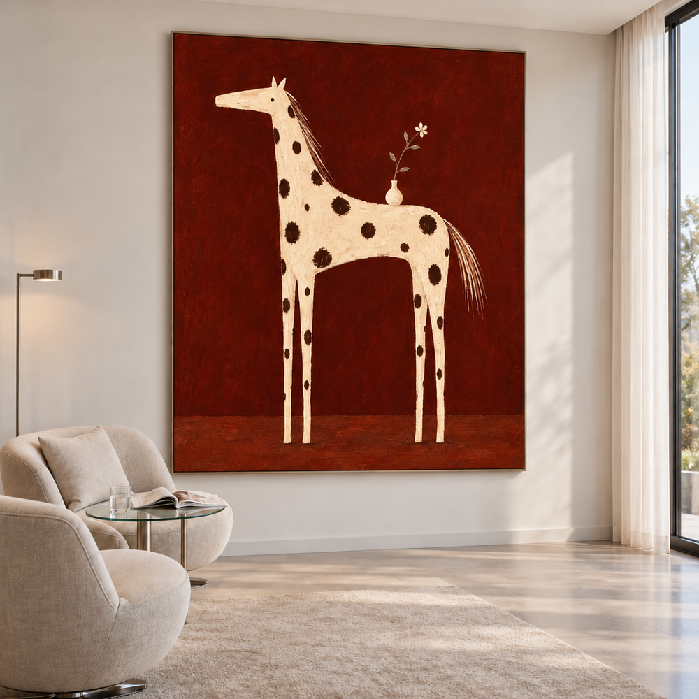 Rust Brown Hand-Painted Oil Painting, Spotted Horse with Flower Vase #N7RLL432