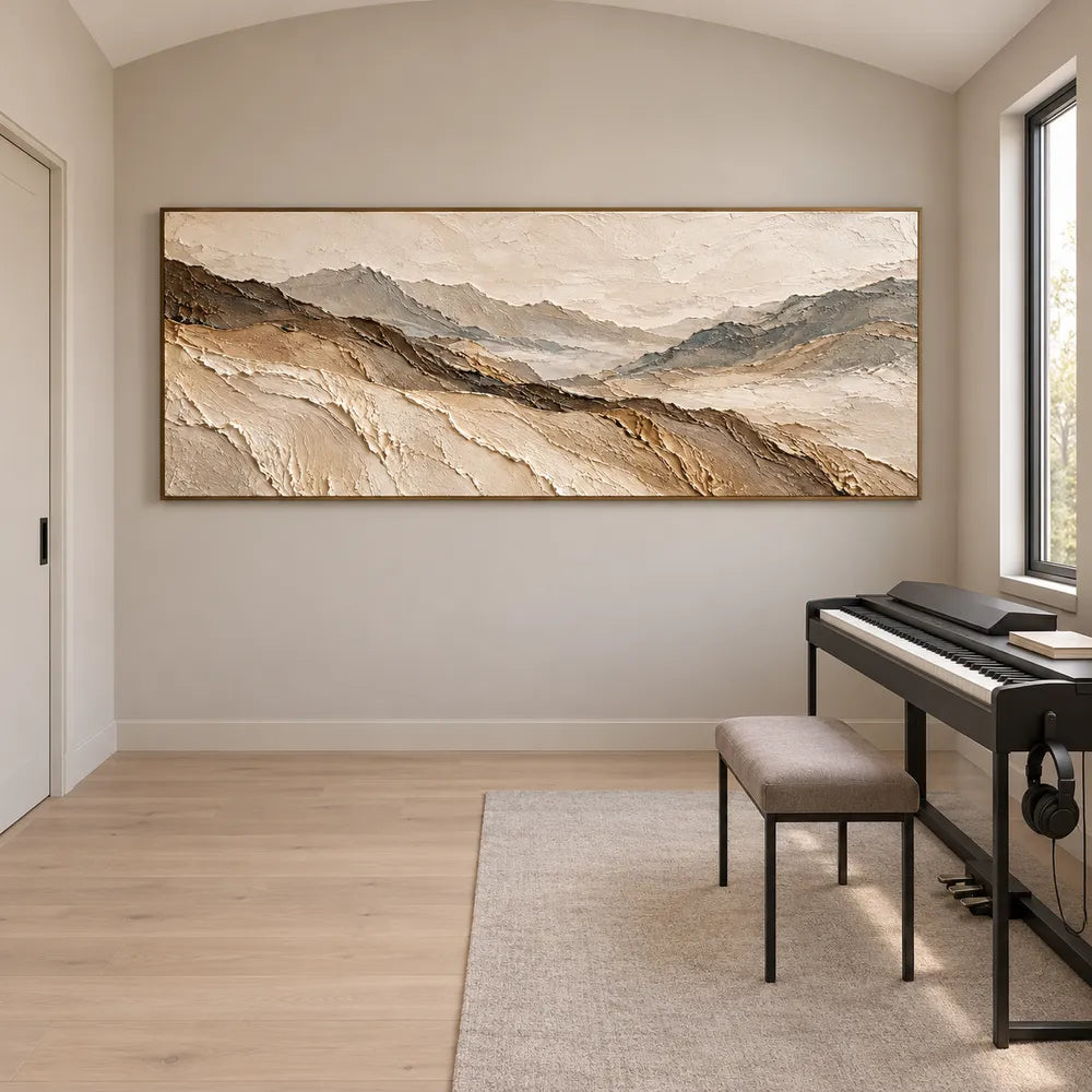 Beige Hand-Painted 3D Textured Oil Painting, Panoramic Mountain Valley #3H35H8YM