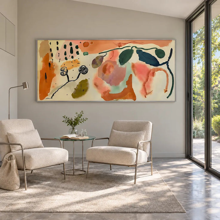 Cream and Terracotta Hand-Painted Oil Painting, Botanical Abstract #R8TB20YJ