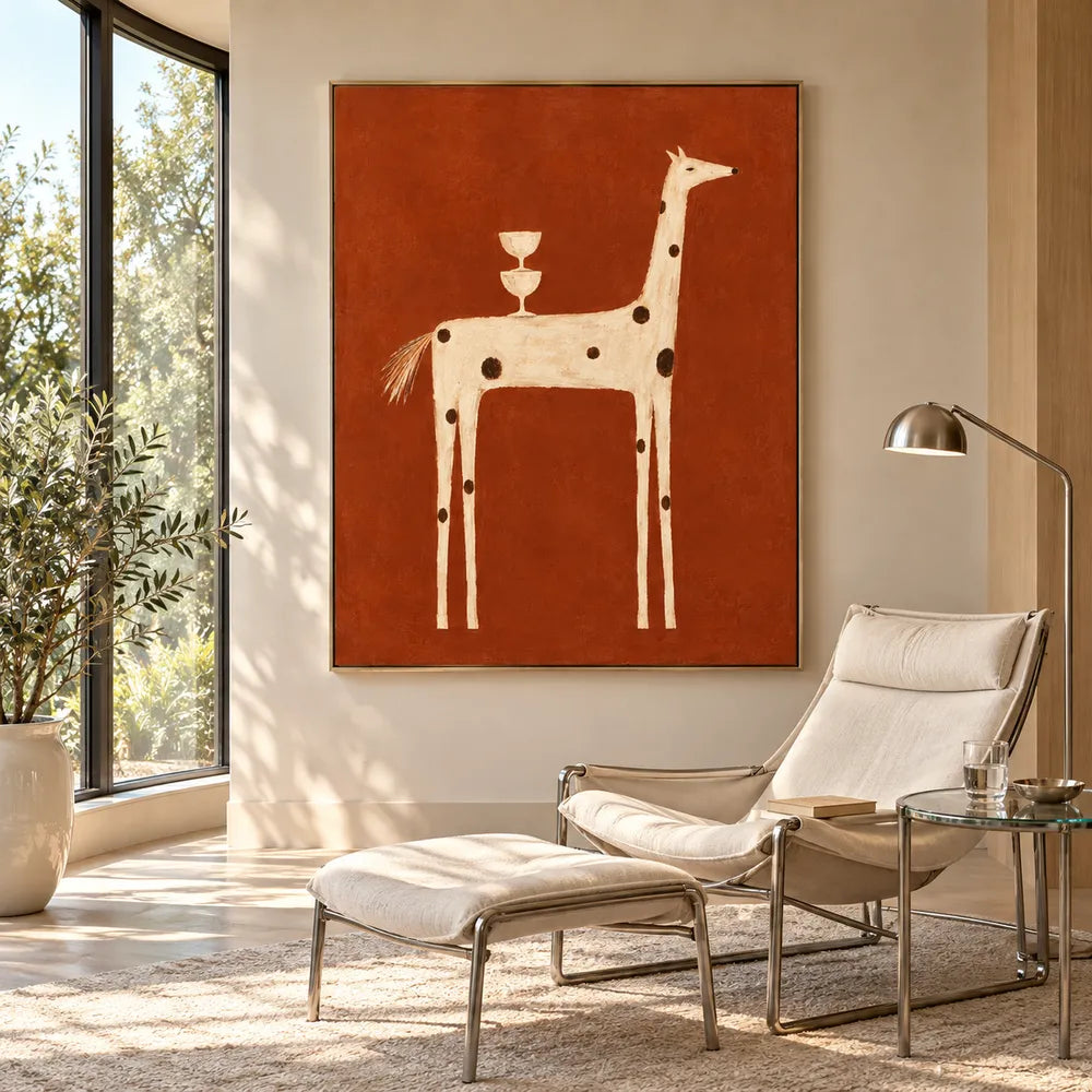 Burnt Orange Hand-Painted Oil Painting, Spotted Horse with Stacked Goblets #ISDV5ZX3