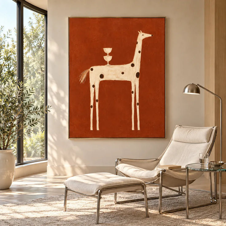 Burnt Orange Hand-Painted Oil Painting, Spotted Horse with Stacked Goblets #ISDV5ZX3