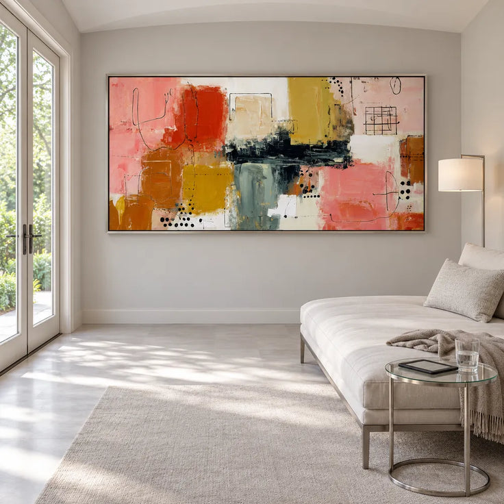 Pink and Ochre Hand-Painted Oil Painting, Graphic Color Block Abstract #7V43Y2LW