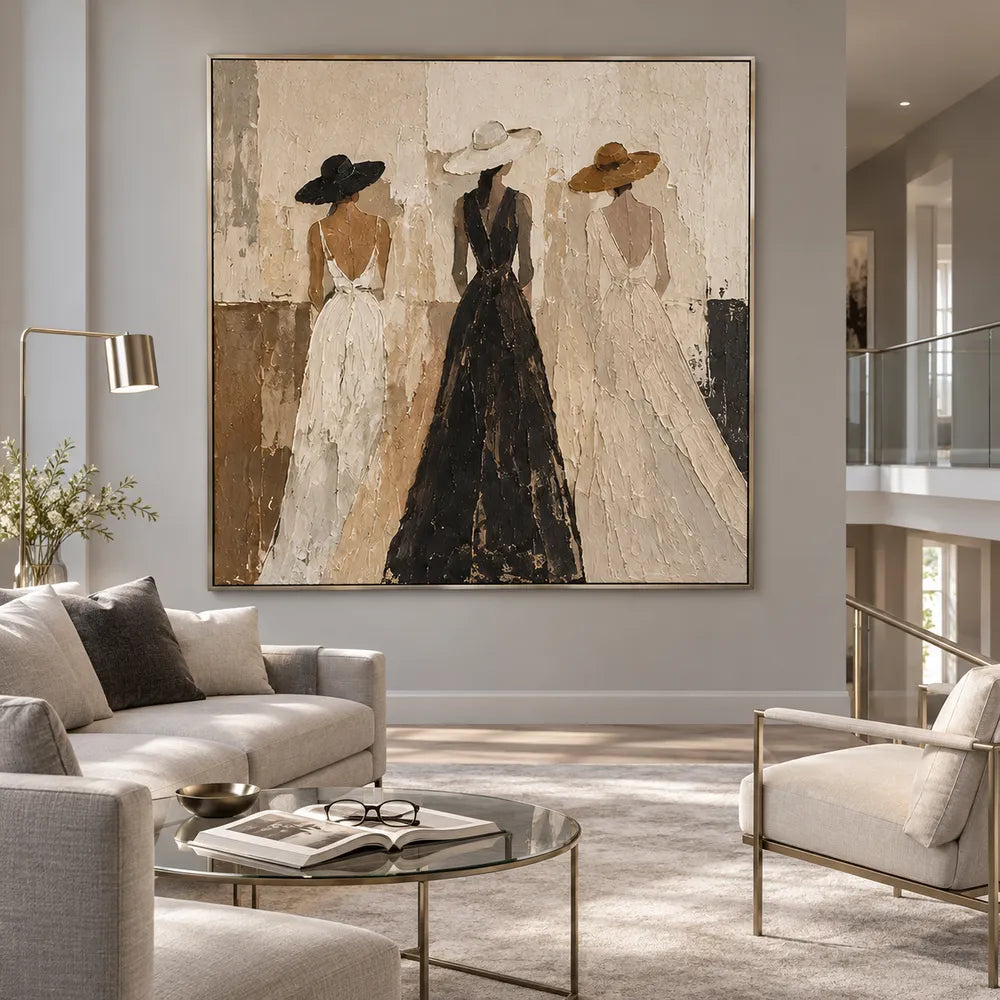 Beige & Cream Hand-Painted Oil Painting, Three Women in Wide-Brim Hats #PGVBMQNS
