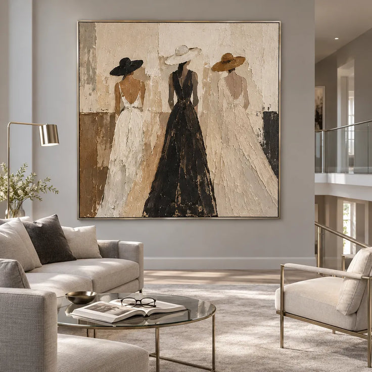 Beige & Cream Hand-Painted Oil Painting, Three Women in Wide-Brim Hats #PGVBMQNS