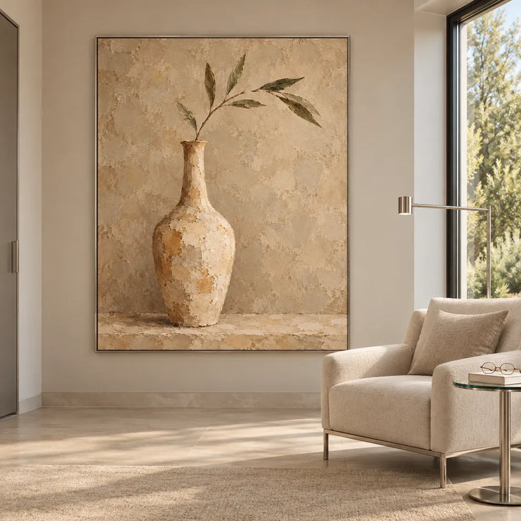 Beige Hand-Painted Oil Painting, Slender Vase with a Leafy Branch #2WV3PKSW