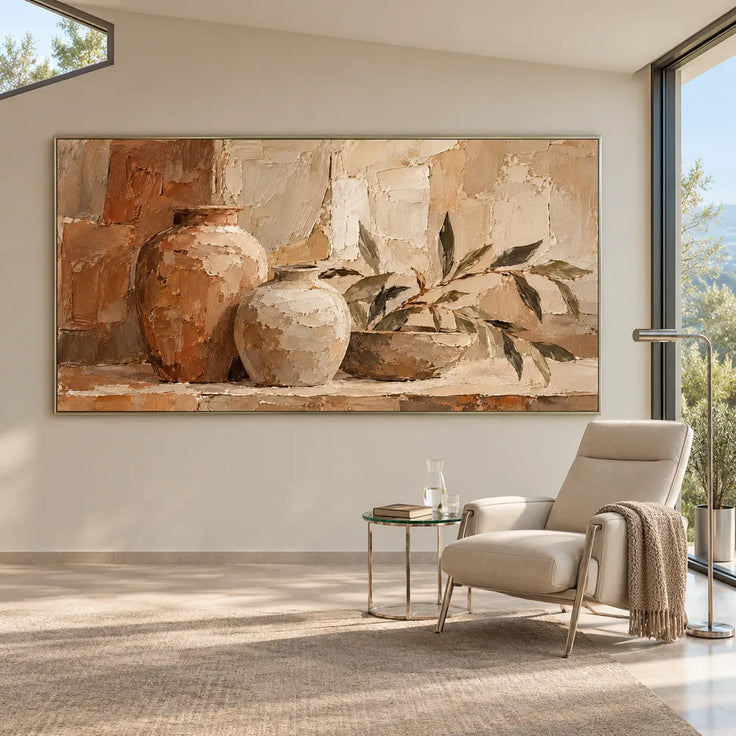 Earth-Tone Hand-Painted Oil Painting, Vases and Leafy Branches #165D1DHX