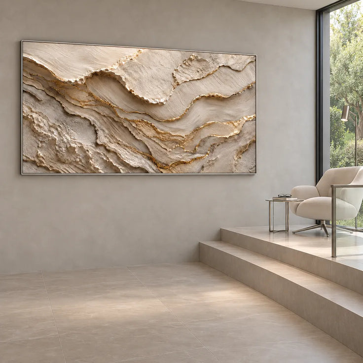 Ivory and Taupe Hand-Painted 3D Textured Oil Painting, Wavy Layer Abstract #QF2DVOSX