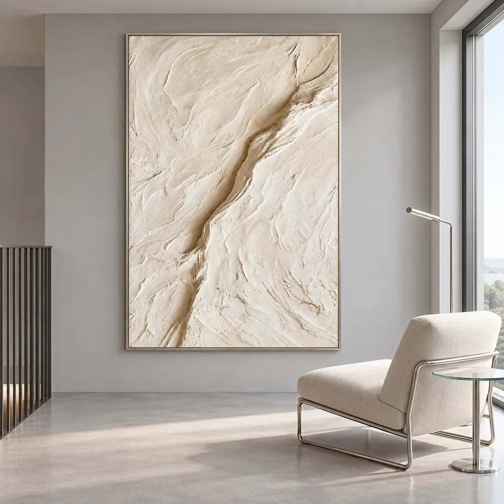 Cream Hand-Painted 3D Textured Oil Painting, Diagonal Relief Wall Art #WBT7SPNO