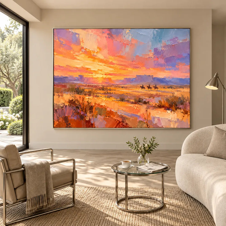 Orange & Lavender Hand-Painted Oil Painting, Three Riders in a Desert Sunset #22PVXDQ6