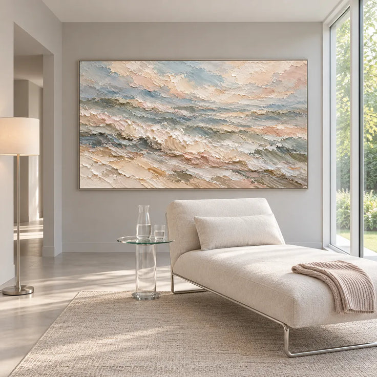 Cream and Blue Gray Hand-Painted Oil Painting, Rolling Coastal Waves #B4FLTKB2