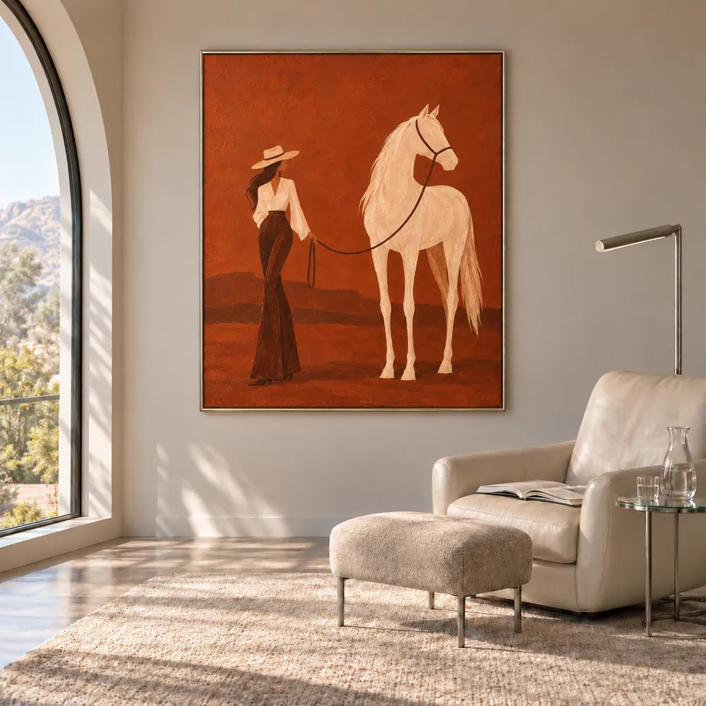 Rust Hand-Painted Oil Painting, Woman and White Horse in a Desert Landscape #O1EDDVZ6