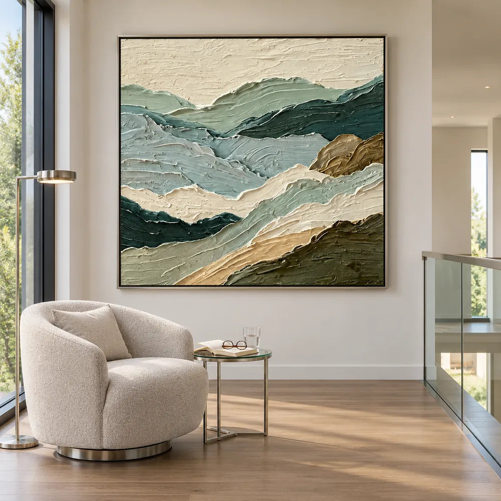 Sage Green Hand-Painted Oil Painting, Layered Mountain Landscape #PWVHIXYY