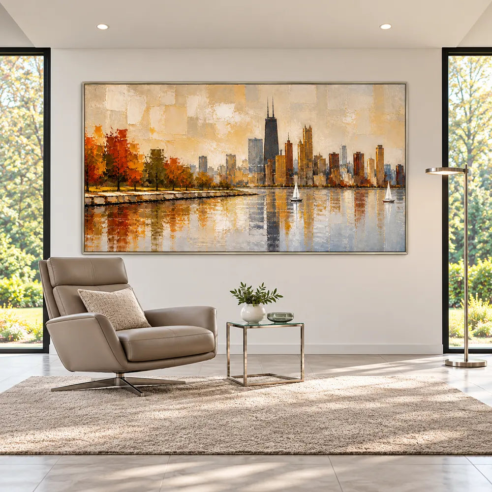Beige Gold Hand-Painted Oil Painting, Autumn Waterfront Wall Art #CW3XQNK2