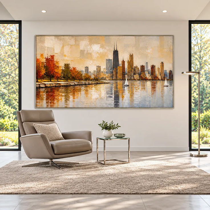 Beige Gold Hand-Painted Oil Painting, Autumn Waterfront Wall Art #CW3XQNK2