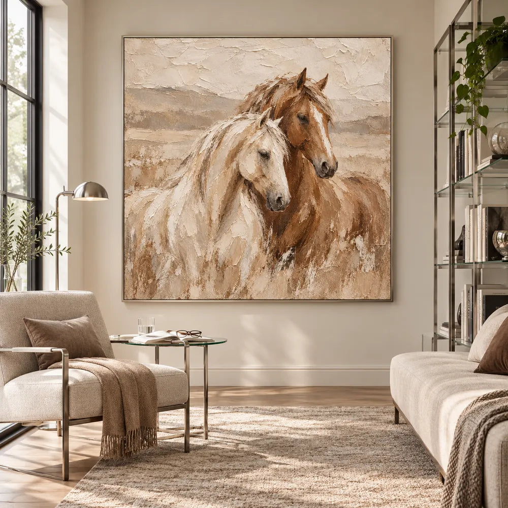 Cream & Brown Hand-Painted Oil Painting, White and Chestnut Horse Portrait #R4TZLUV7