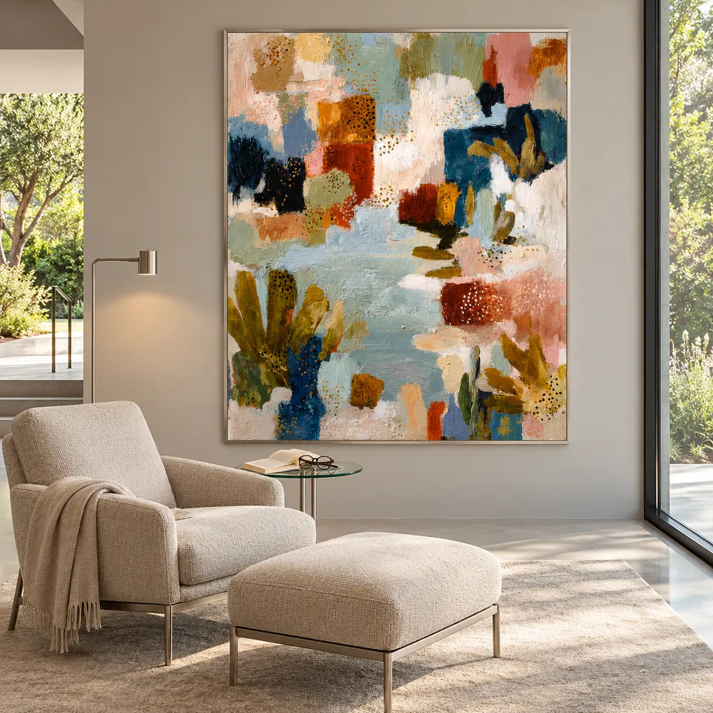 Muted Blue and Warm Neutrals Hand-Painted Oil Painting, Expressive Abstract Color Blocks #Q6Z31DUZ