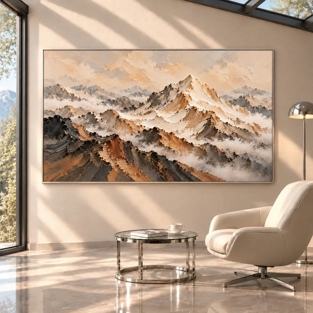 Beige and Charcoal Hand-Painted 3D Textured Oil Painting, Mountain Ridges in Mist #QUDVWPH3