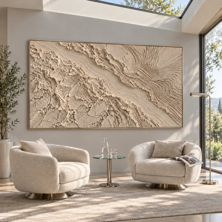 Beige Hand-Painted 3D Textured Oil Painting, Flowing Contour Abstract #A08VGDFU
